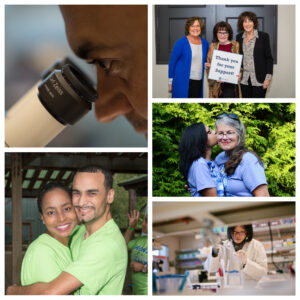 A collage of images depicting dystonia families and dystonia research.
