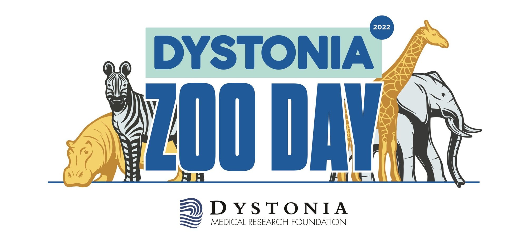 Logo that reads "Dystonia Zoo Day 2022" with illustrations of animals.