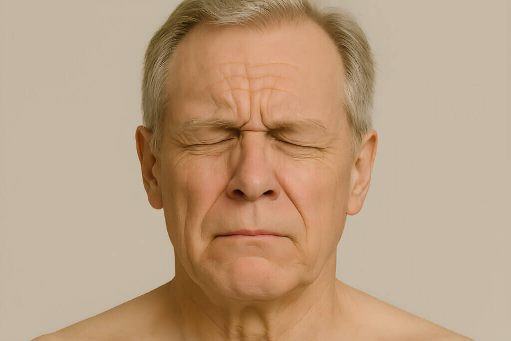 A old white man is experiencing blepharospasm with her eyes tightly shut and facial muscles tensed.